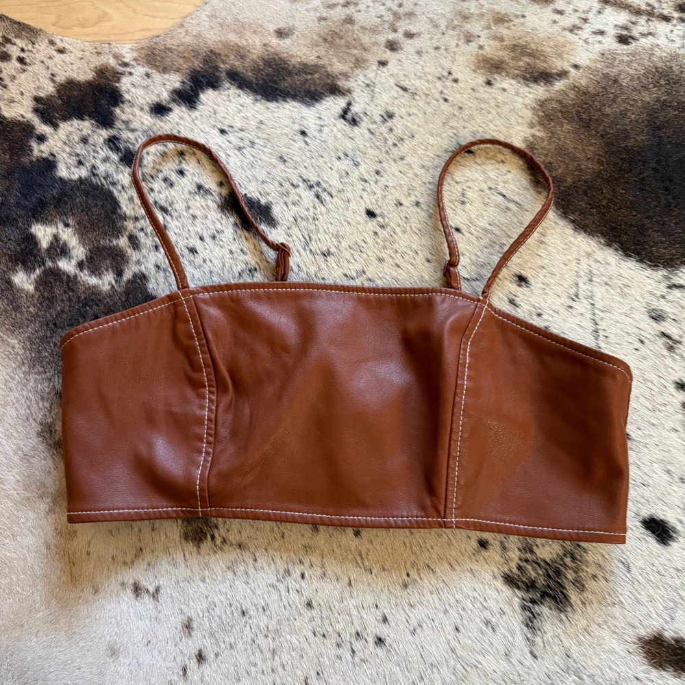 STAUD Bomber Faux Leather Bralette in whiskey brown size 4 - Picture 2 of 8